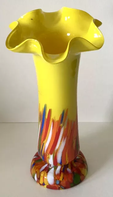 VINTAGE CZECH ART DECO SPATTER Yellow Red Multi Color GLASS VASE CZECHOSLOVAKIA