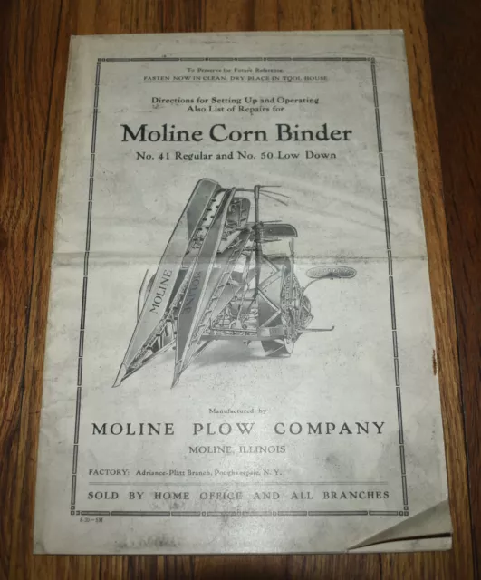 Vintage Moline Plow Co Moline Corn Binder 41 Regular 50 Low Down Directions Book