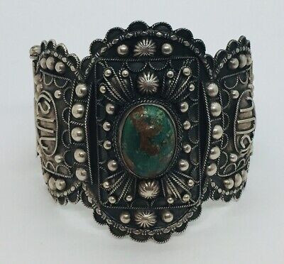 Ancien Milieu Est 800 Argent & Turquoise Grand Large Orné Bracelet