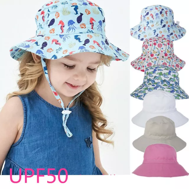 Baby Girls Boys Summer Sun Hat Kids Chin Strap Bucket Hats Anti-UV Beach Cap