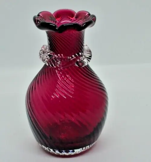 Cranberry Art Glass Swirl Vase Ruffled Edge Applied Clear Ruffle Pilgrim Glass