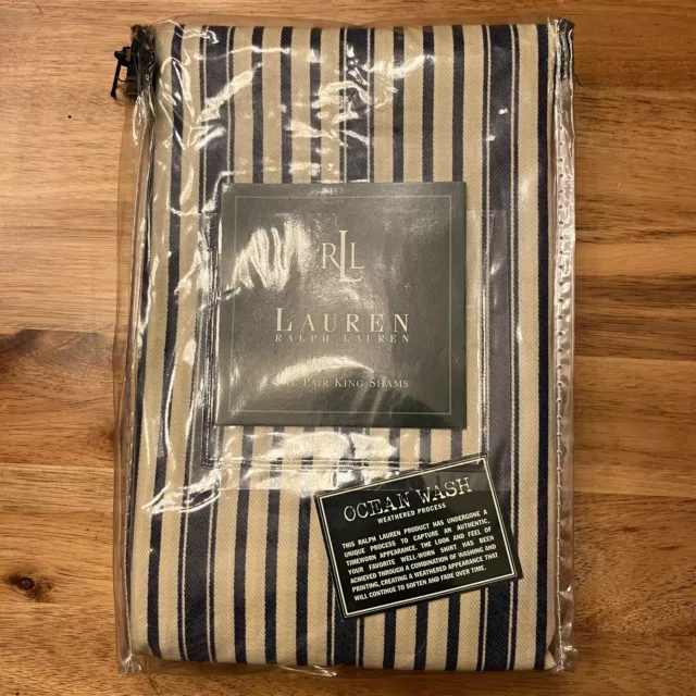 RALPH LAUREN Americana Ticking Blue White Stripe Ocean KING Pillow Shams NEW