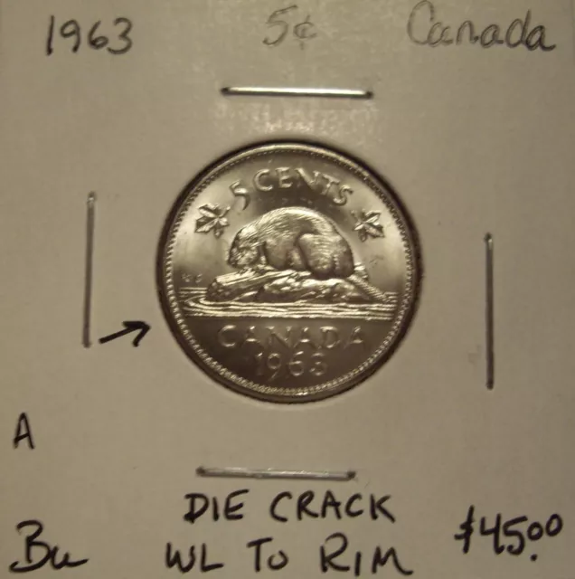 A Canada Elizabeth II 1963 Die Crack WL to Rim Five Cents - BU