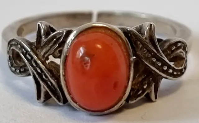 A0135 - Anillo de plata 925 antiguo con coral - Tamaño ajustable - 2,91 g