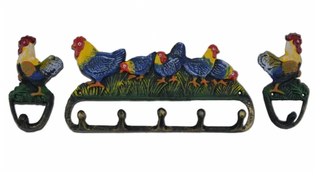 Rooster & Chickens Wall Hook 3 Pc Set Colorful Painted Cast Iron Country Decor