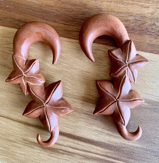 PAIR Leaves Saba Wood Hangers Plugs Gauges Tunnel Spiral Taper Organic Earrings