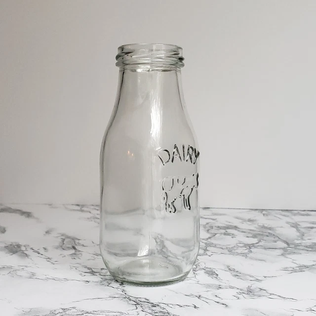 DAIRY BOTTLE CLEAR Glass Milk Jar Bottle Embossed Cow Vase 10 Ounces 6