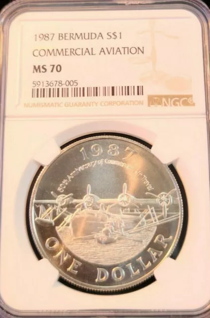 1987 Bermuda Silver 1 Dollar Commercial Aviation Ngc Ms 70 Scarce Perfection