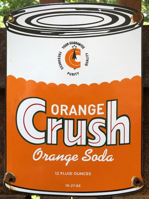 Vintage 1963 Dated Orange Crush Soda Pop Can Porcelain Gas Station Sign