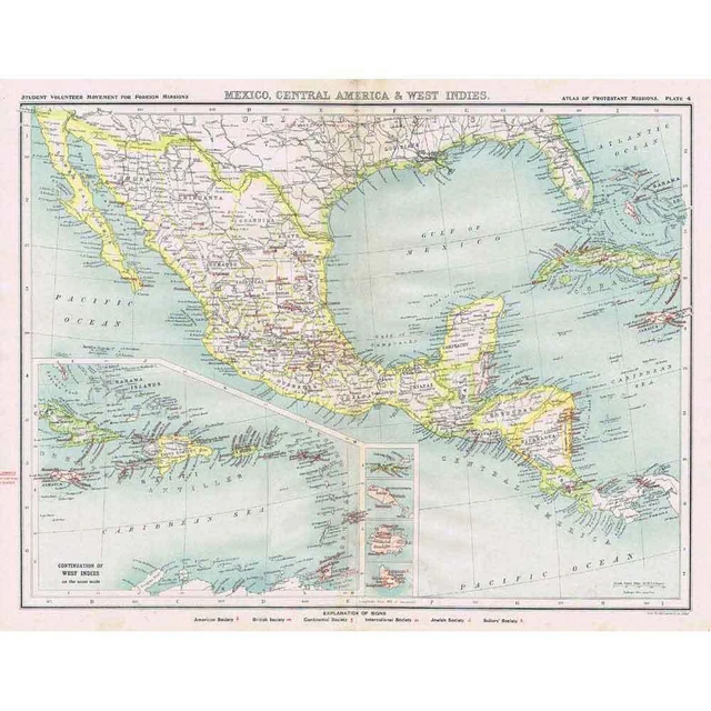 MEXICO, WEST INDIES Bartholomew Antique Map 1903 - Atlas of Protestant Missions