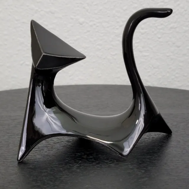 Black Glazed Ceramic Modern Art Cubist Mid Century Cat 5"x4.25" Figurine 72