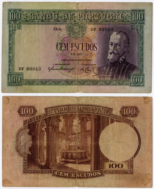 Rare Portugal * 100 Escudos Banknote 1947 Pedro Nunes Key Date *