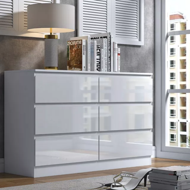 White Gloss Large Wide Chest of 6 Drawers Ultra Modern Design Bedroom Furniture