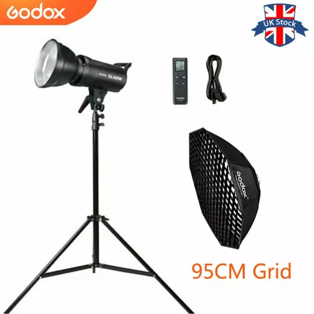 UK Godox 60W SL-60W 5600K LED Video light  Lampe+95CM Grid softbox+2m stand Kit