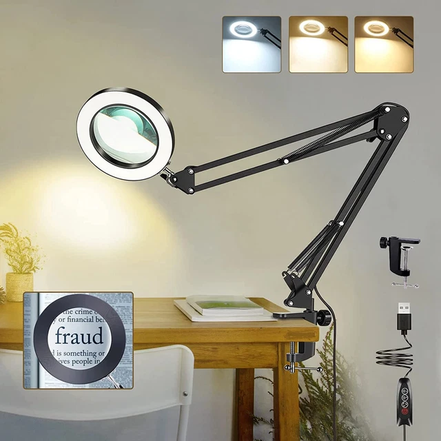 Lampada di ingrandimento LED 5X vetro metallo leva girevole lampada da scrivania 3 modalità colore