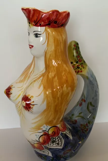 Tall Ceramic Whimsical Mermaid Pitcher, Hand painted Greece, Signed Beach house