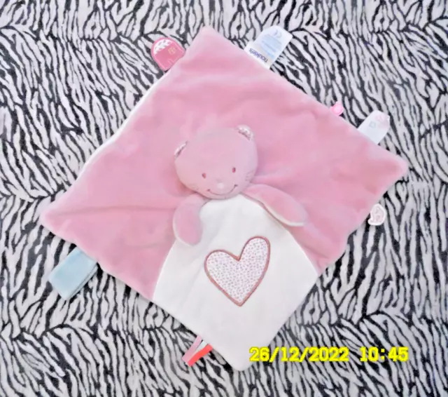 🦋 Doudou Noukies Chat Minouchka Rose Blanc Coeur Plat Carre 25/25Cm Tbe
