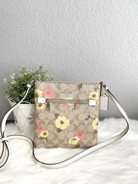 NWT COACH CH717 Mini Rowan File Bag Signature Canvas&Leather with Floral Cluster