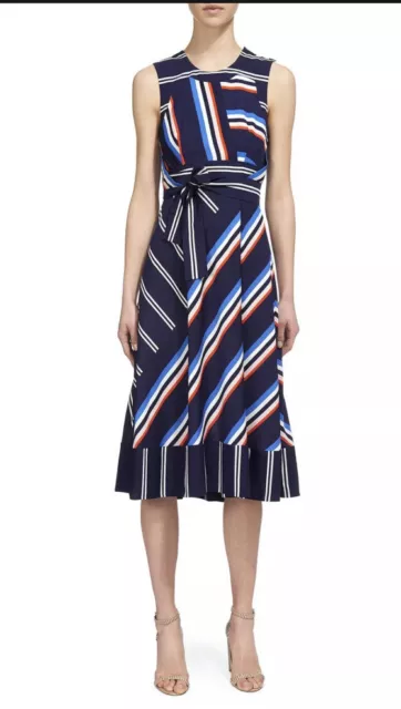 Whistles Multi Stripe Dress UK 14 ASO Royal Navy Midi Belted RRP 195 Excellent 2