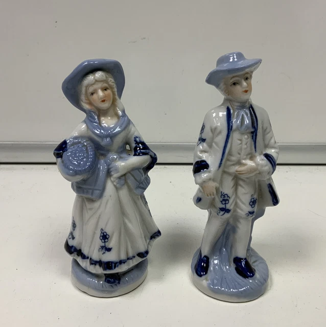 Vintage Man & Lady Figurine Ornament Blue & White Gilded Porcelain