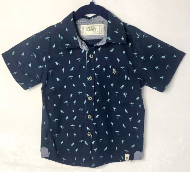 Free Planet Boys Toddler Size 3T Navy Short Sleeve Button Up Flamingos Shirt