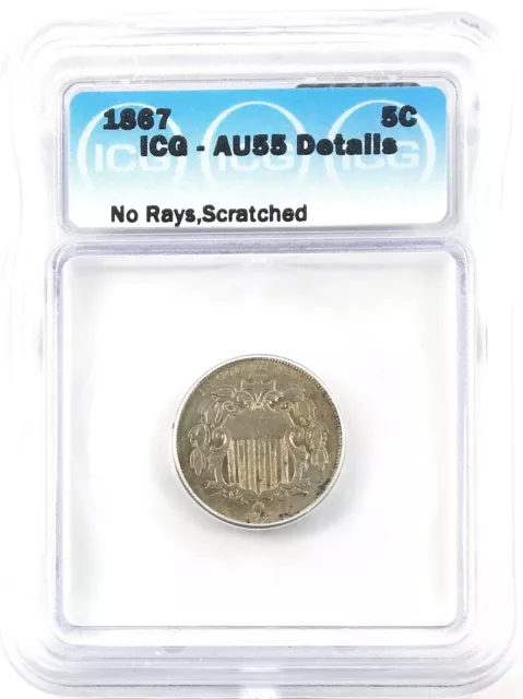 1867 No Rays Shield Nickel 5C About Uncirculated ICG AU55 Details Scratched