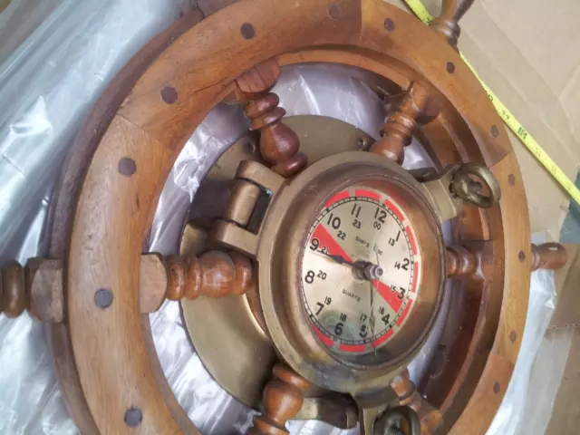 Vintage Heavy Wooden Ships Wheel with Clock inside Brass Porthole -Very Cool!