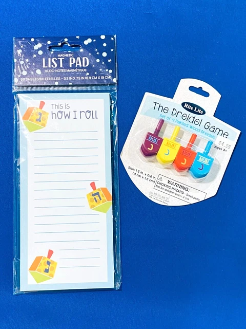 4 Wooden Hanukkah Dreidel Jewish Spinning Top Game & List Pad