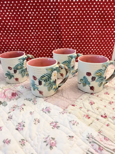 Vintage Haldon Berry Mugs (4) 1988 Blackberry Basketweave Majolica Cottage Core