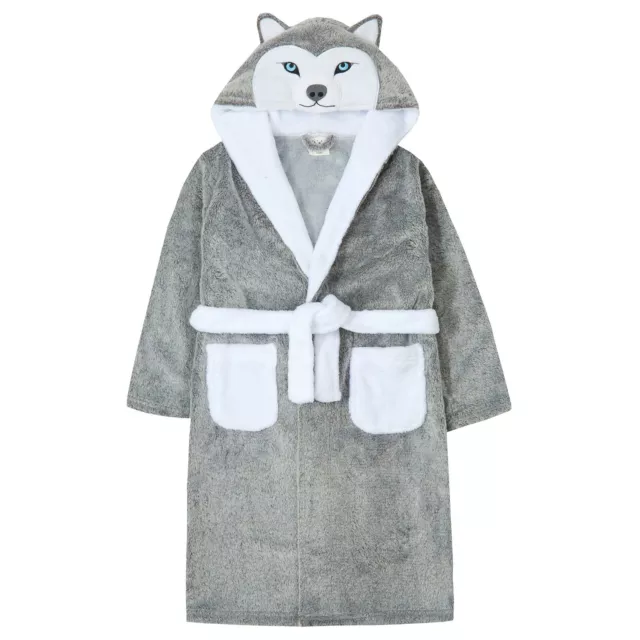 Childrens / Boys / Girls Novelty Frosted Fleece Husky Dog Dressing Gown 2-13 Yrs