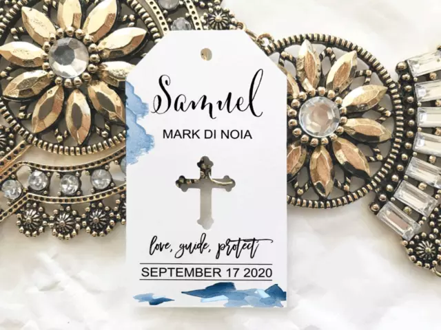 10 White Gift Swing Tags Religious Cross Christening Bomboniere Personalised V3