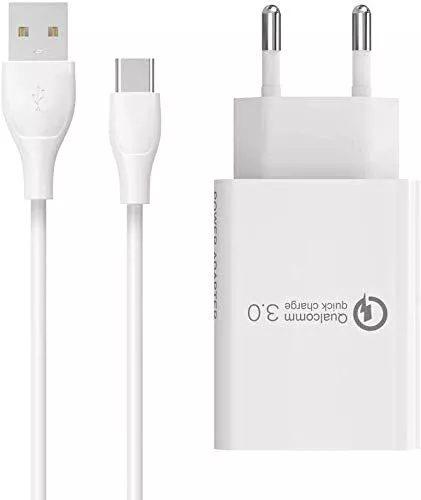 Cargador Enchufe USB QUICK 18W 3A y Carga ULTRARAPIDO USB Tipo C Cable