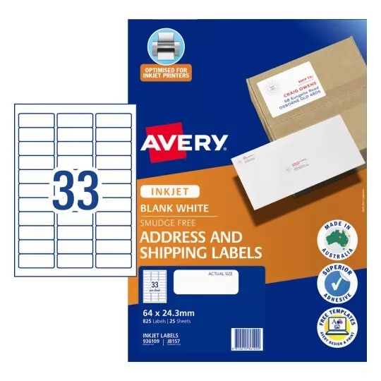 WHITE Avery Inkjet Mailing Label J8157 33/Sheet 25 Sheets 936109 TRACKED