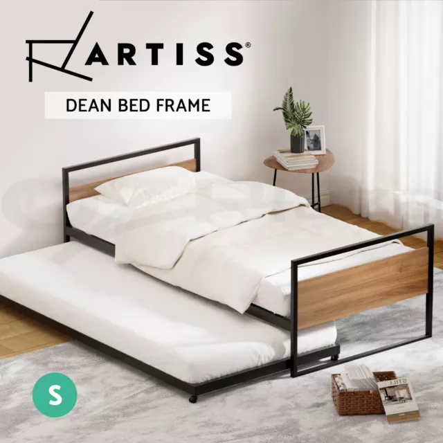 Artiss Bed Frame 2x Single Size Trundle Metal Base Mattress Platform Black DEAN