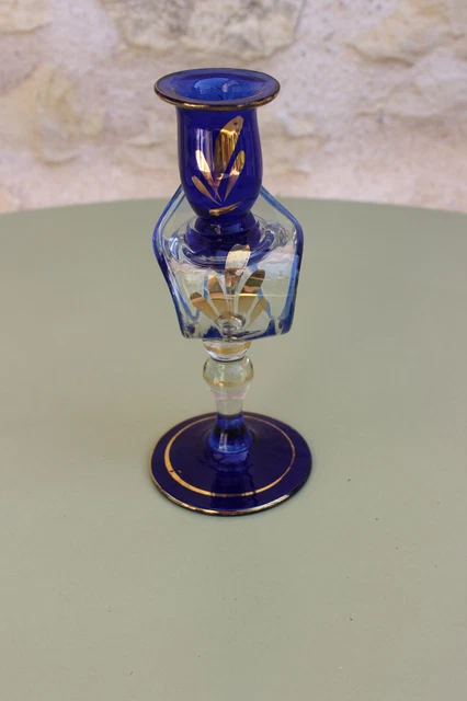 Bougeoir en verre bleu et transparent + decor doré