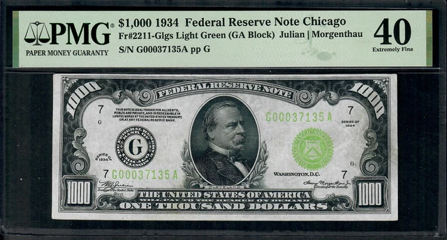 CC&C $1,000 1934 - CHICAGO Federal Reserve Note LGS LIGHT GREEN SEAL - PMG 40