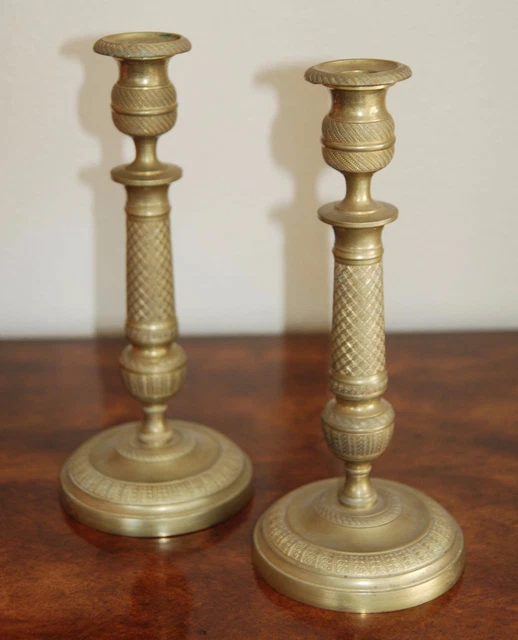 19th century French Charles X Gilt Bronze / Brass Pair of Candlesticks Empire