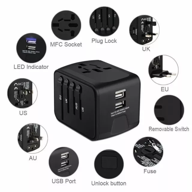 Wall Chargers Universal All-In-One International Travel Power Adapter 2 USB Port 2