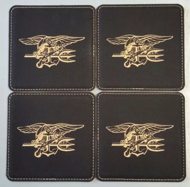 Naval Special Warfare Dev Grp Seal Team DevGru TRIDENT 4 Black Leather Coasters