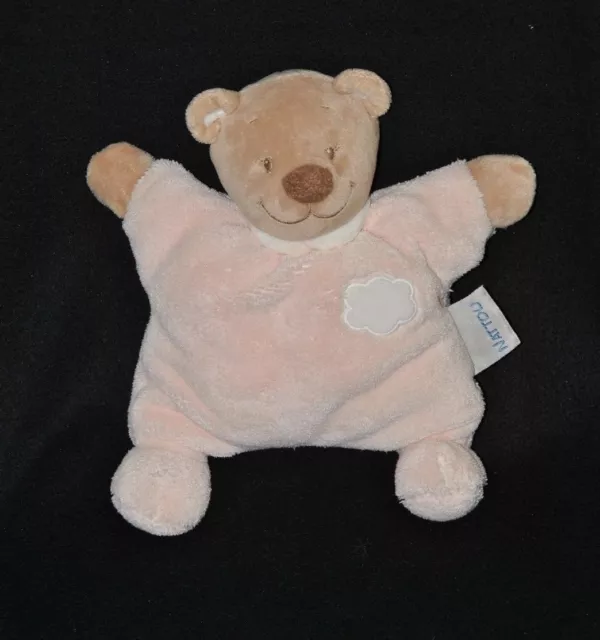 Peluche doudou ours brun semi plat NATTOU rose nuage col blanc grelot NEUF