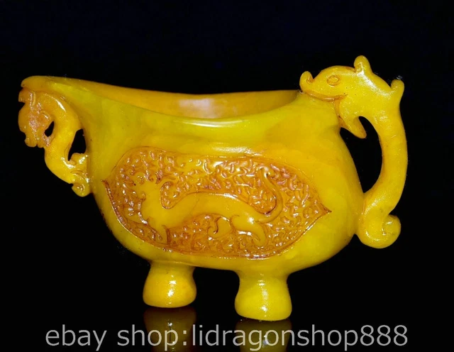 4.8" Chinese Natural Tianhuang Shoushan stone Carving Dragon handle Cup