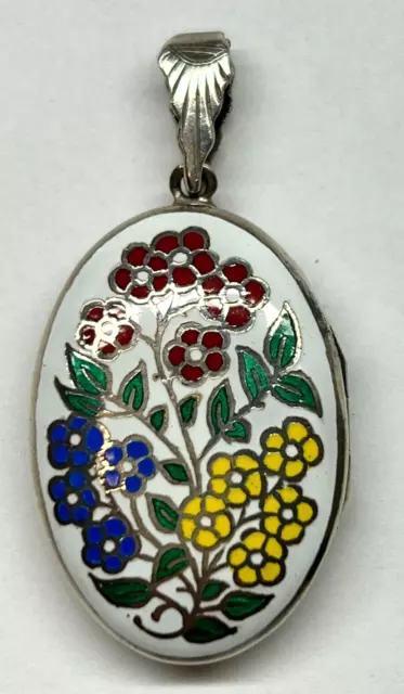 Vintage Sterling Silver Enamel LOCKET PENDANT For Picture Stamped 925 Flowers