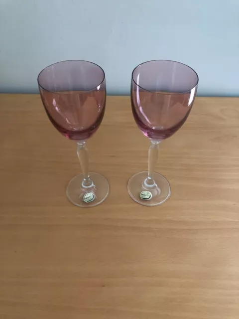 Set Of 2 Stunning Bohemia Made In Czech Pink Crystal Wine Glasses