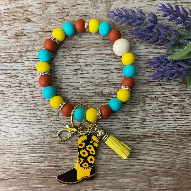 Wristlet Keychain Silicone Sunflower Boots Handmade Bracelet Gift Custom Key