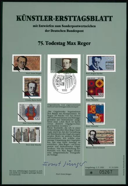Brd Künstler-Etb 1991/21 Max Reger Musik Komponist Organist Orgel Entwürfe!!