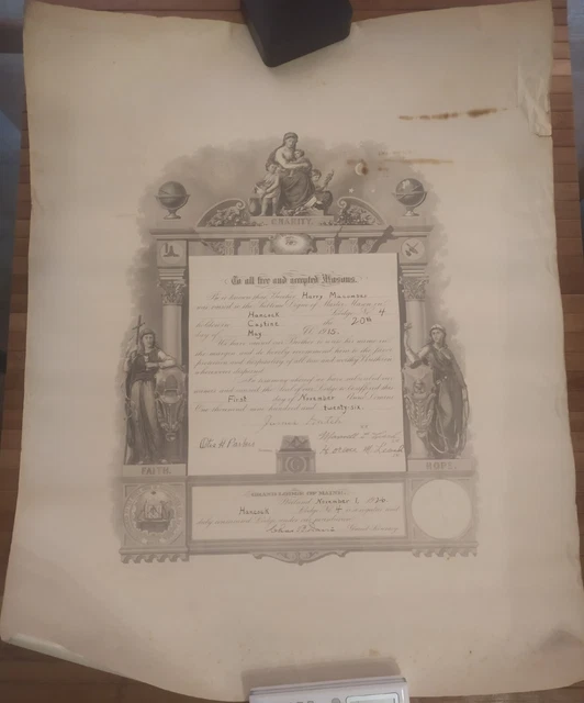 USA 1915 Maine Giant Size Masonic Old Antique Document