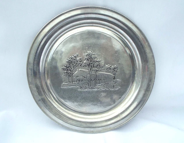Vintage RWP Wilton Armetale Columbia PA Pewter 11” Dinner Plate Covered Bridge