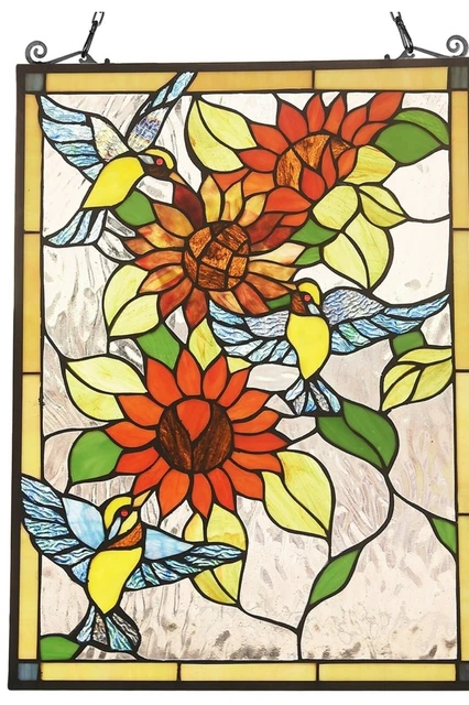 24.4" x 17.7" Sunflower Bird Trio Tiffany Style Stained Glass Window Panel Decor