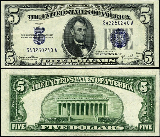 FR. 1654 $5 1934-D Silver Certificate S-A Block Wide I Choice CU