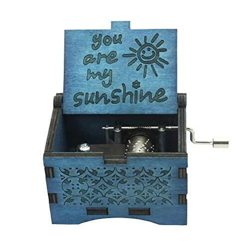 You are My Sunshine Wooden Music Boxes Laser Engraved Hand Crank Blue Sunshine